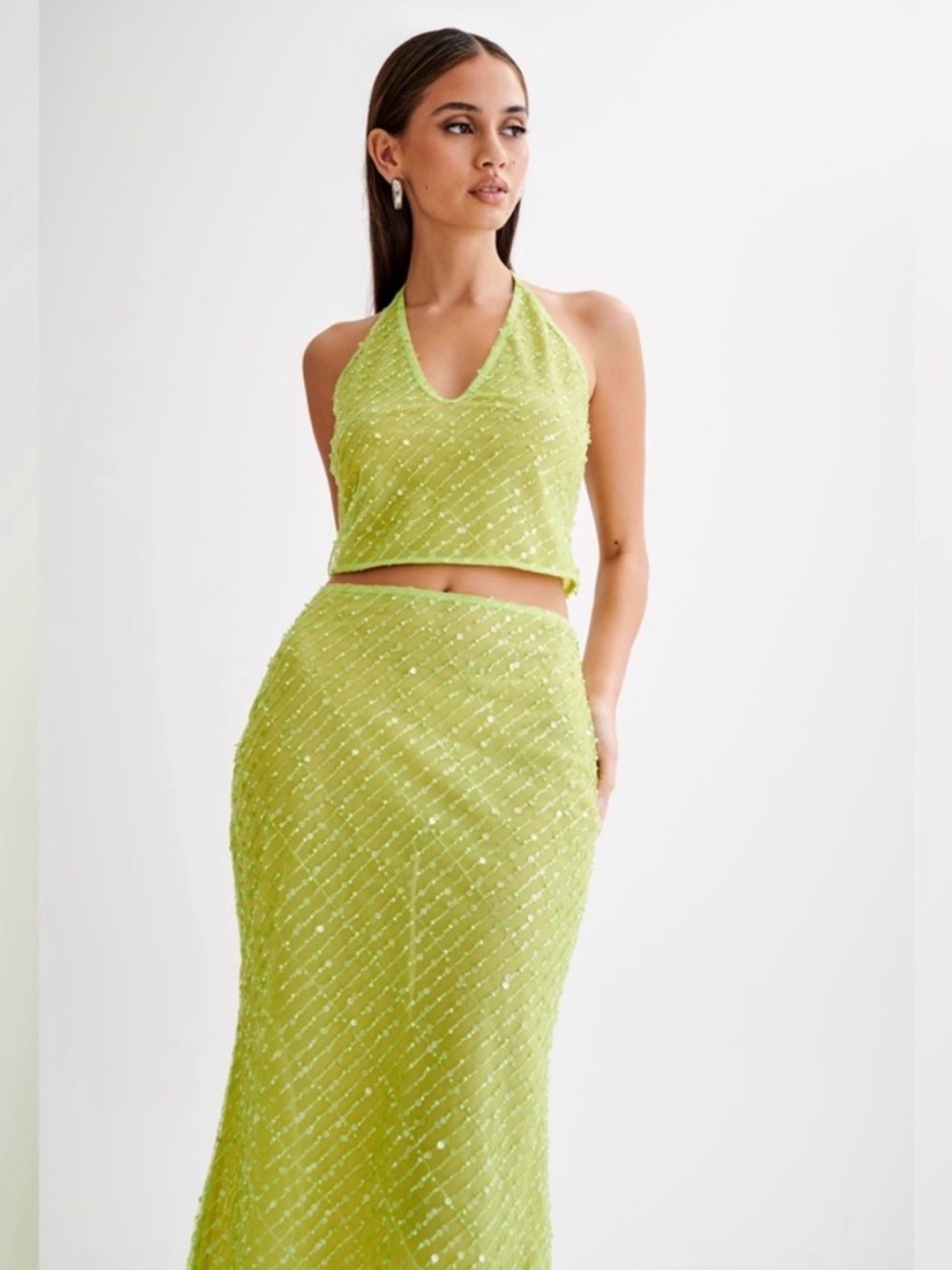 Meshki Lime Green Sequin Midi Dress Size S/M Halter Neck & Skirt Set - Picture 3 of 16